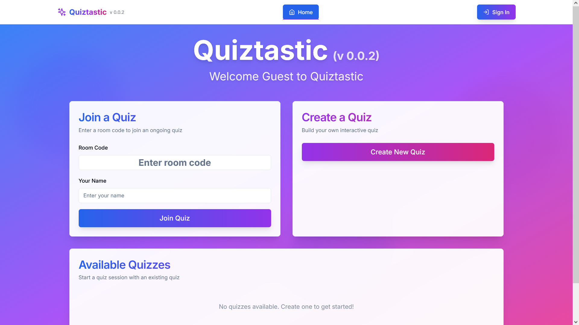 A quiz game dashboard.